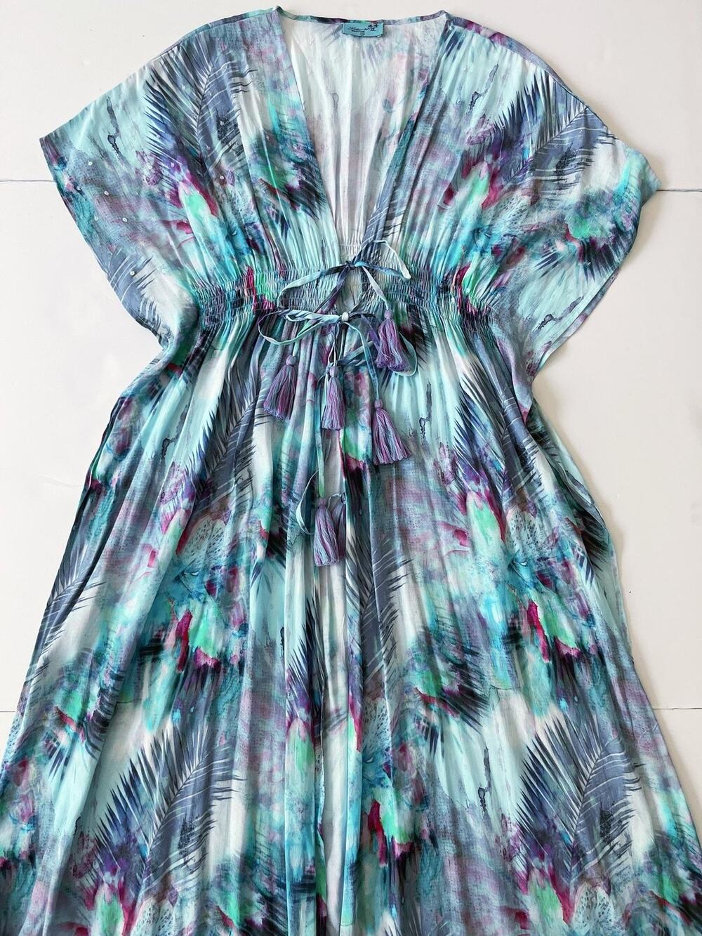 Letarte Dress Womens XS Multicolor Tropical Kaftan Maxi Smocked Tassel Beach